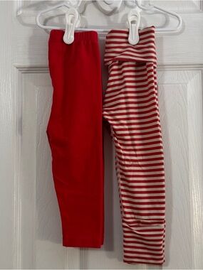 Hanna Andersson Baby Girl Set of Two Leggings Solid Red and Striped Red & Cream